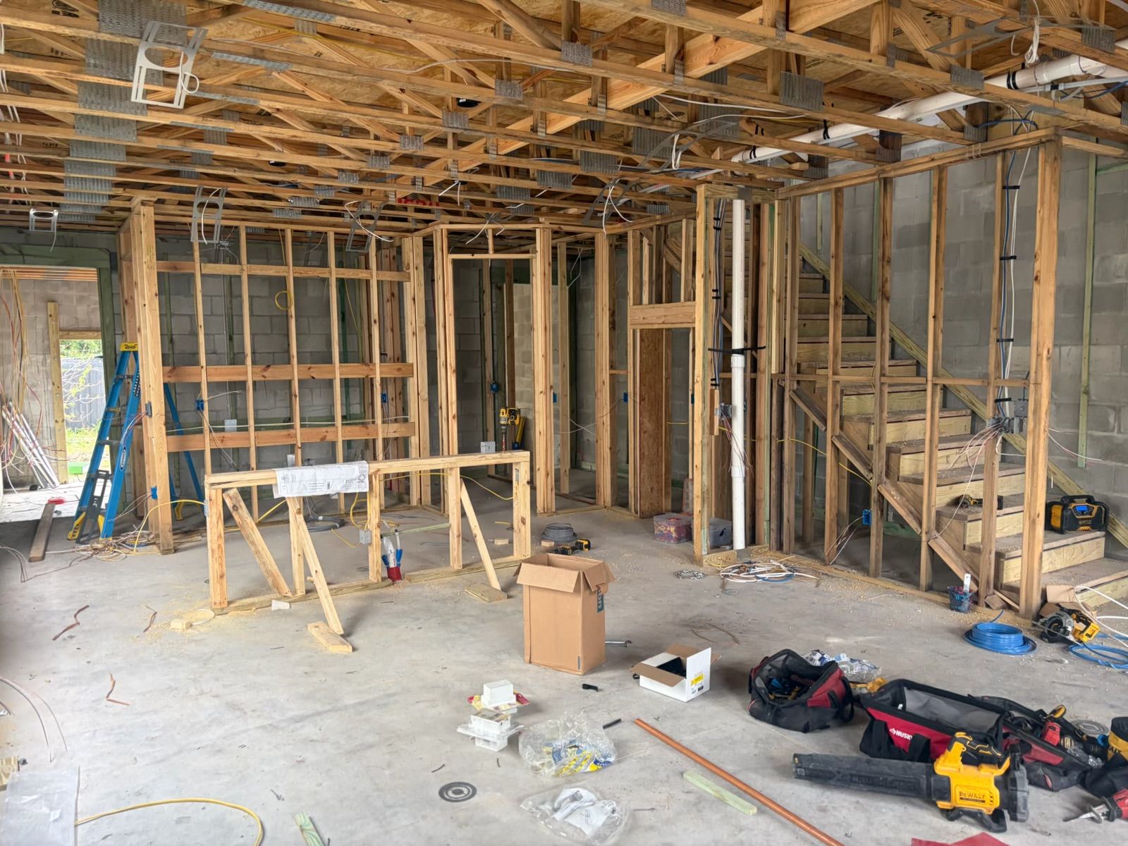 Construction progress: Interior framing and stairs to the second floor