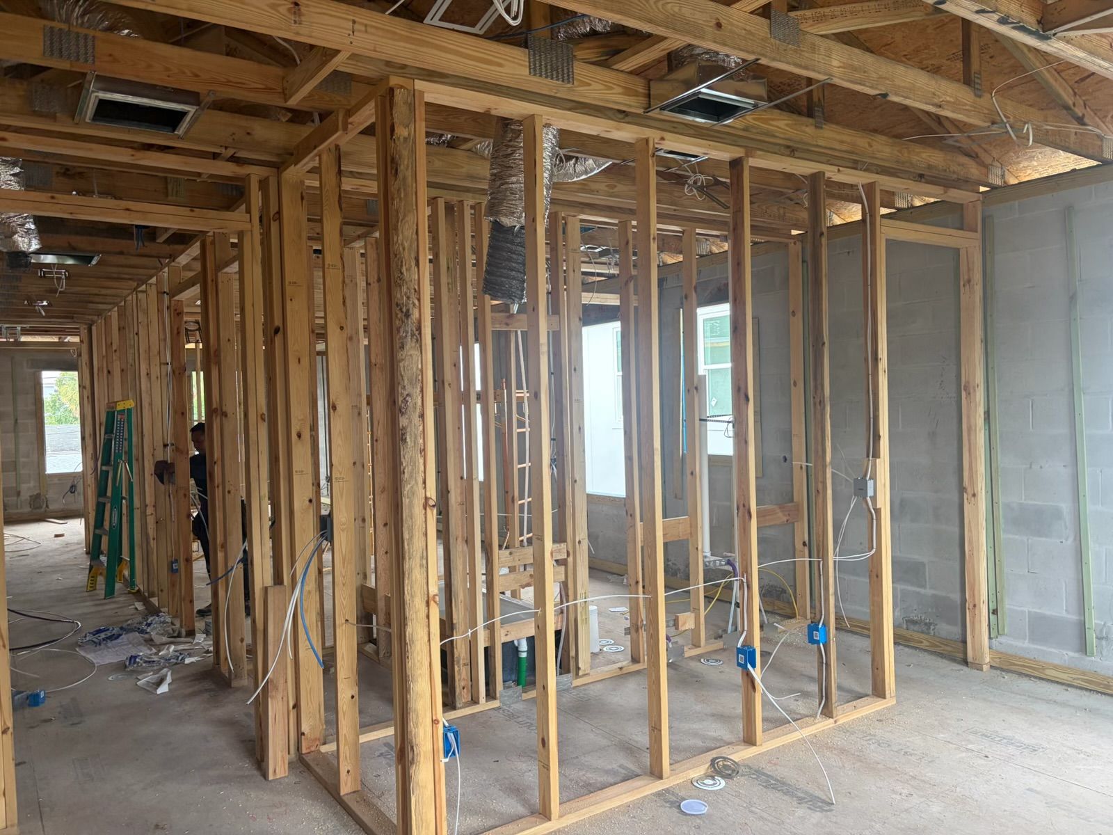 Construction progress: Framed interior walls with electrical boxes