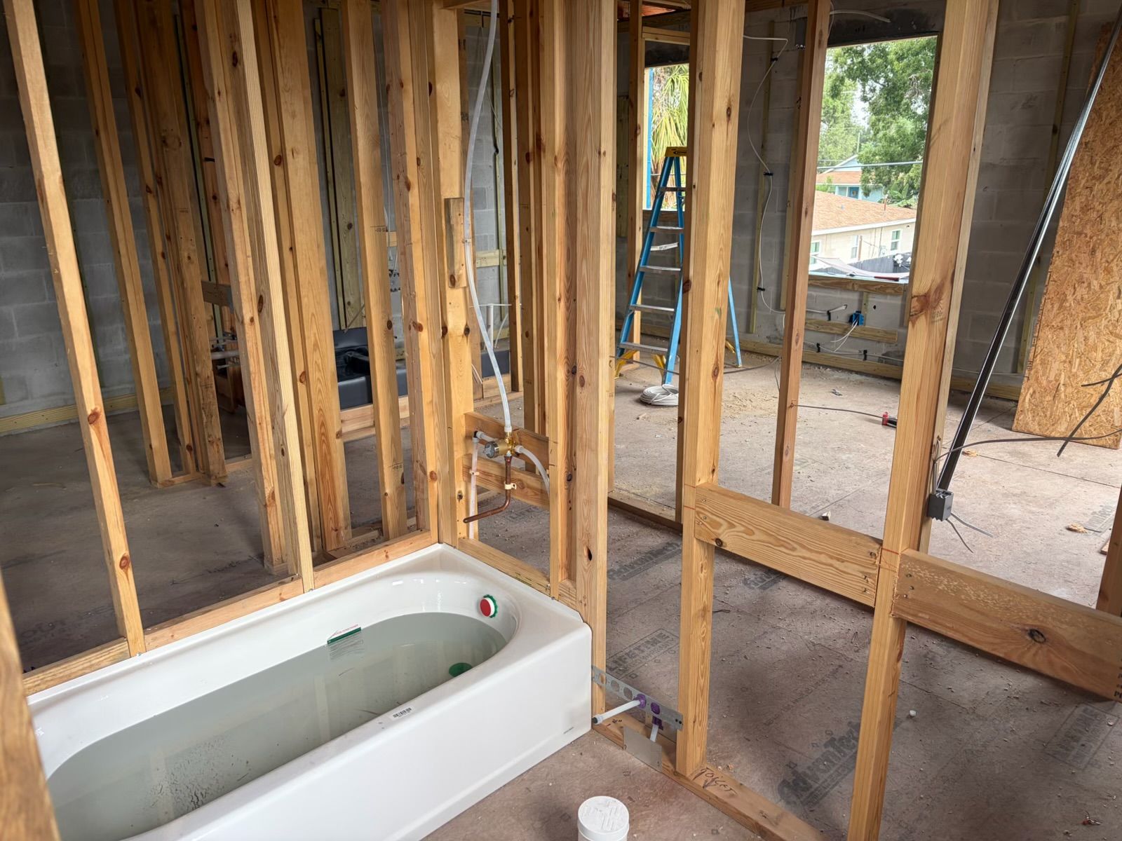 Construction progress: Bathroom rough-in with tub installed