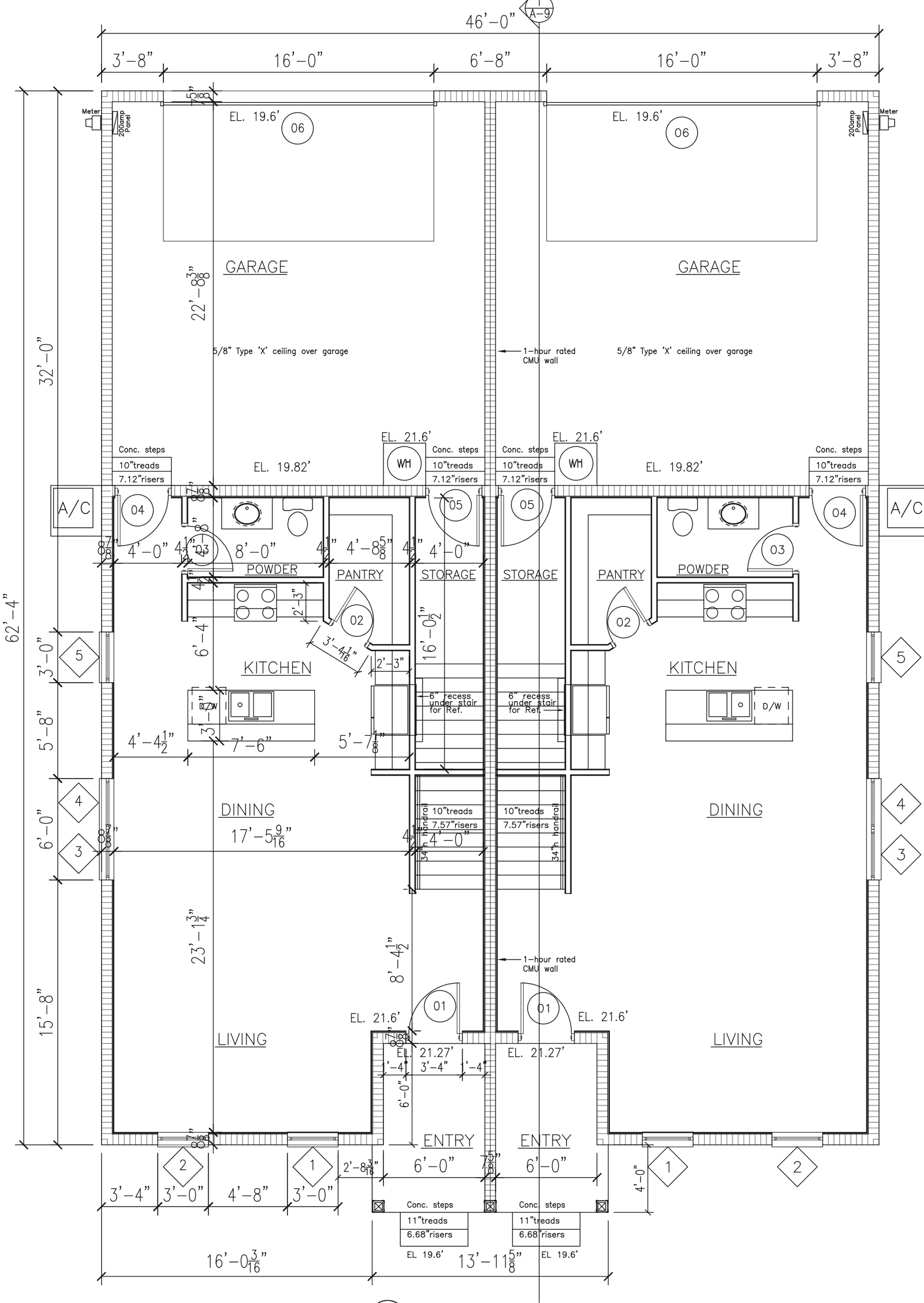First floor plan: entry, living, dining, kitchen, pantry, half bath, storage, and 2-car garage