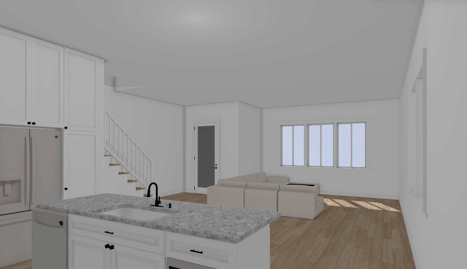Rendering: kitchen island looking toward the living room