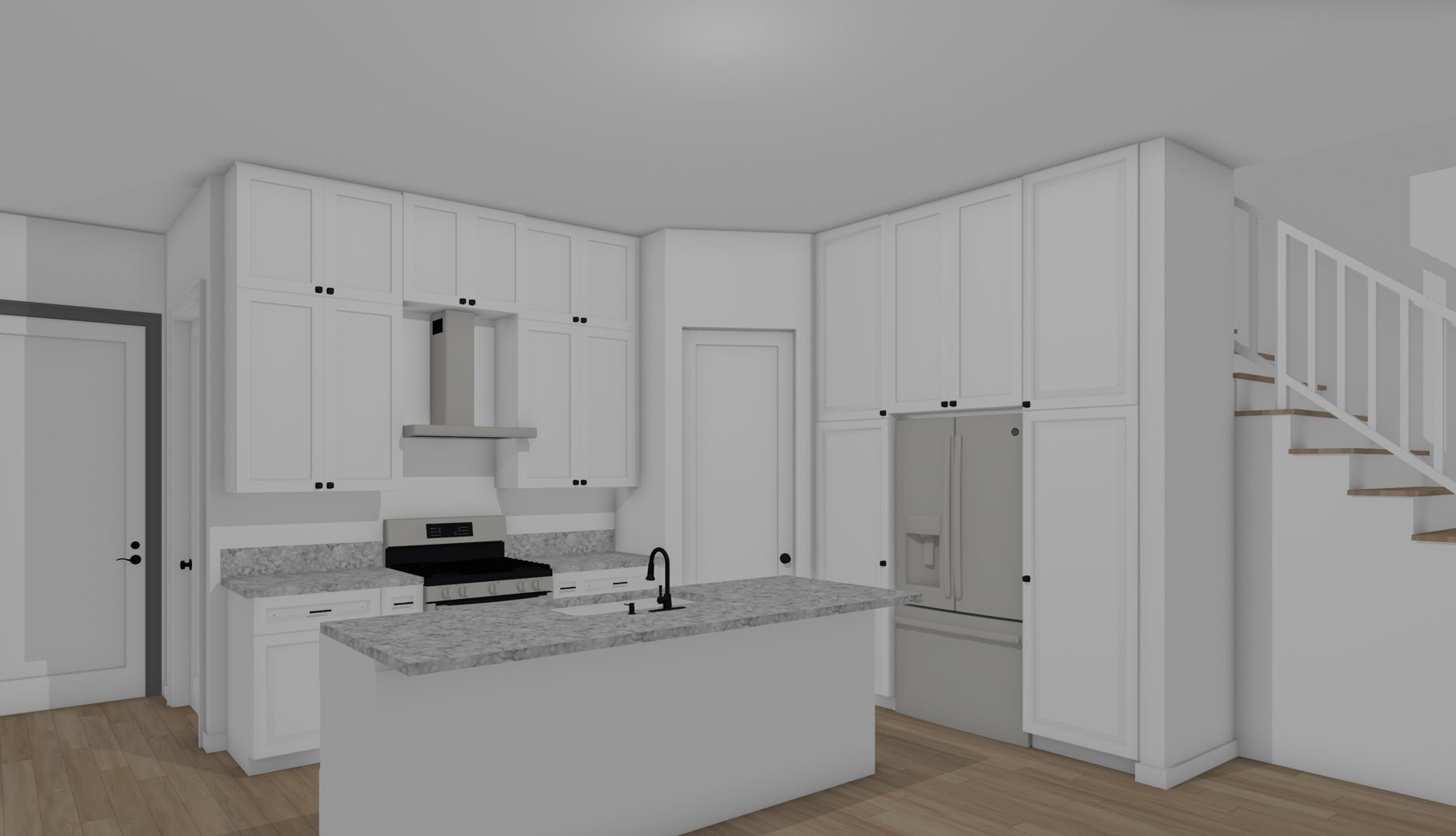 Rendering: kitchen with island, range, and pantry door