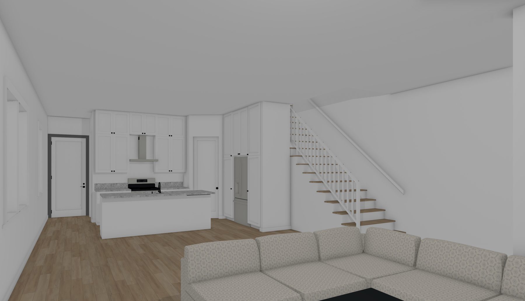 Rendering: view from the living room toward the kitchen and stairs