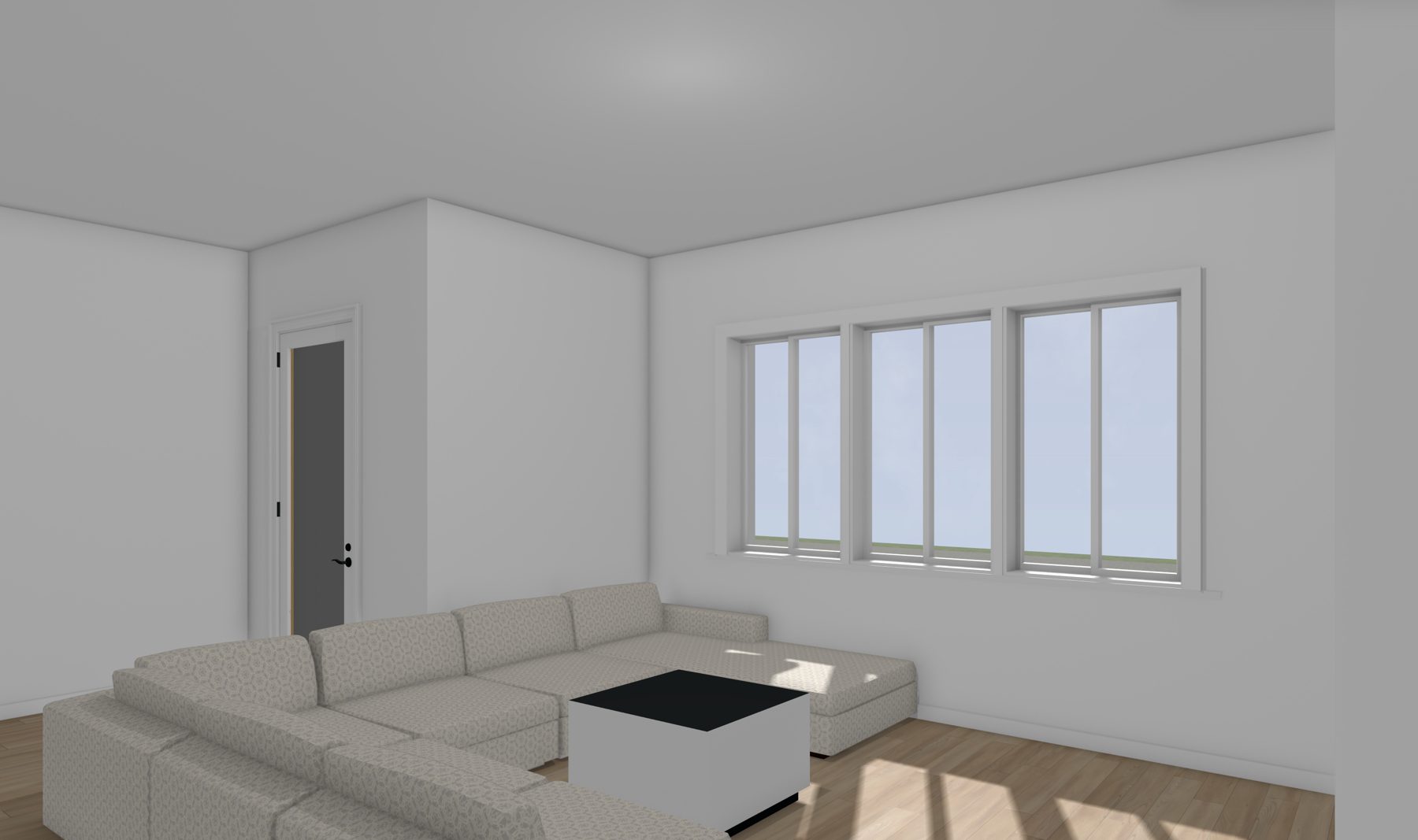 Rendering: living room with front windows