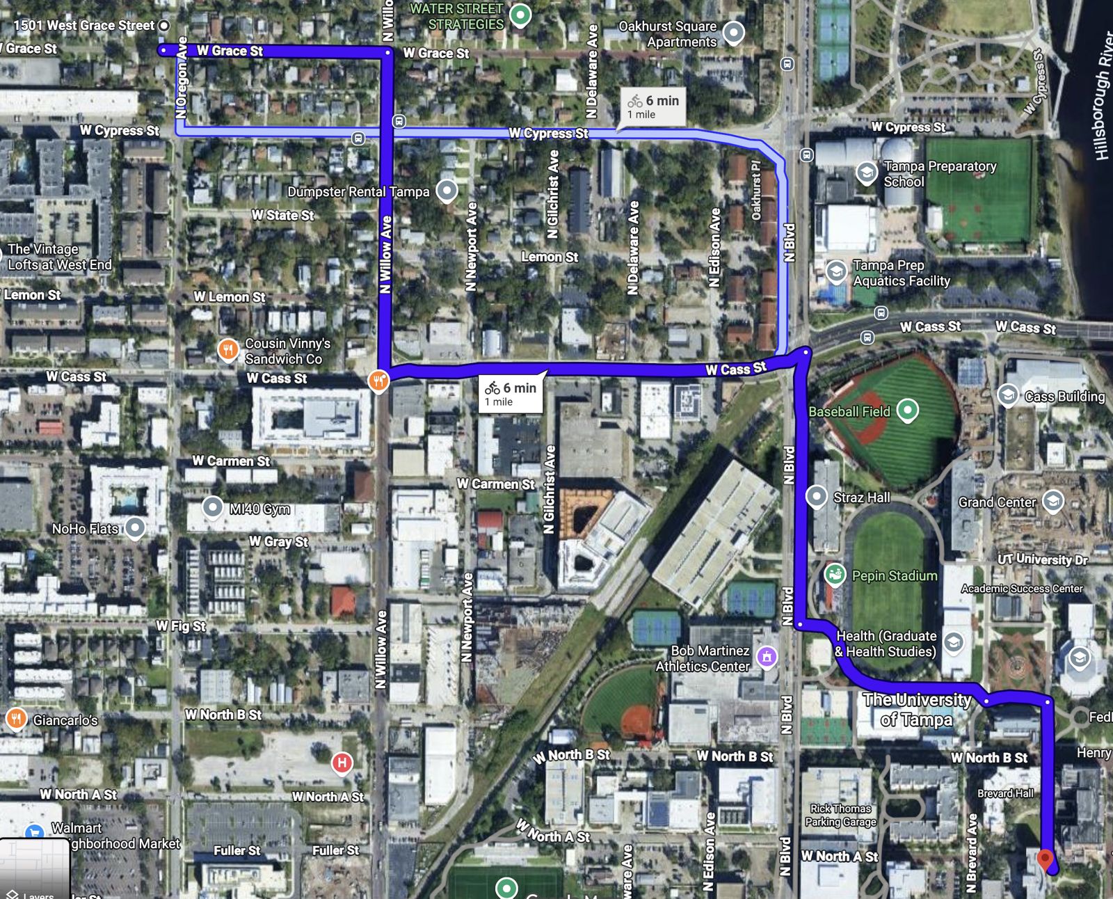 Map of the 6-minute, 1-mile bike route from 1501 W. Grace St to the University of Tampa campus via W. Cass St and N. Boulevard